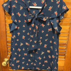 Zara Navy Floral Blouse with Bow